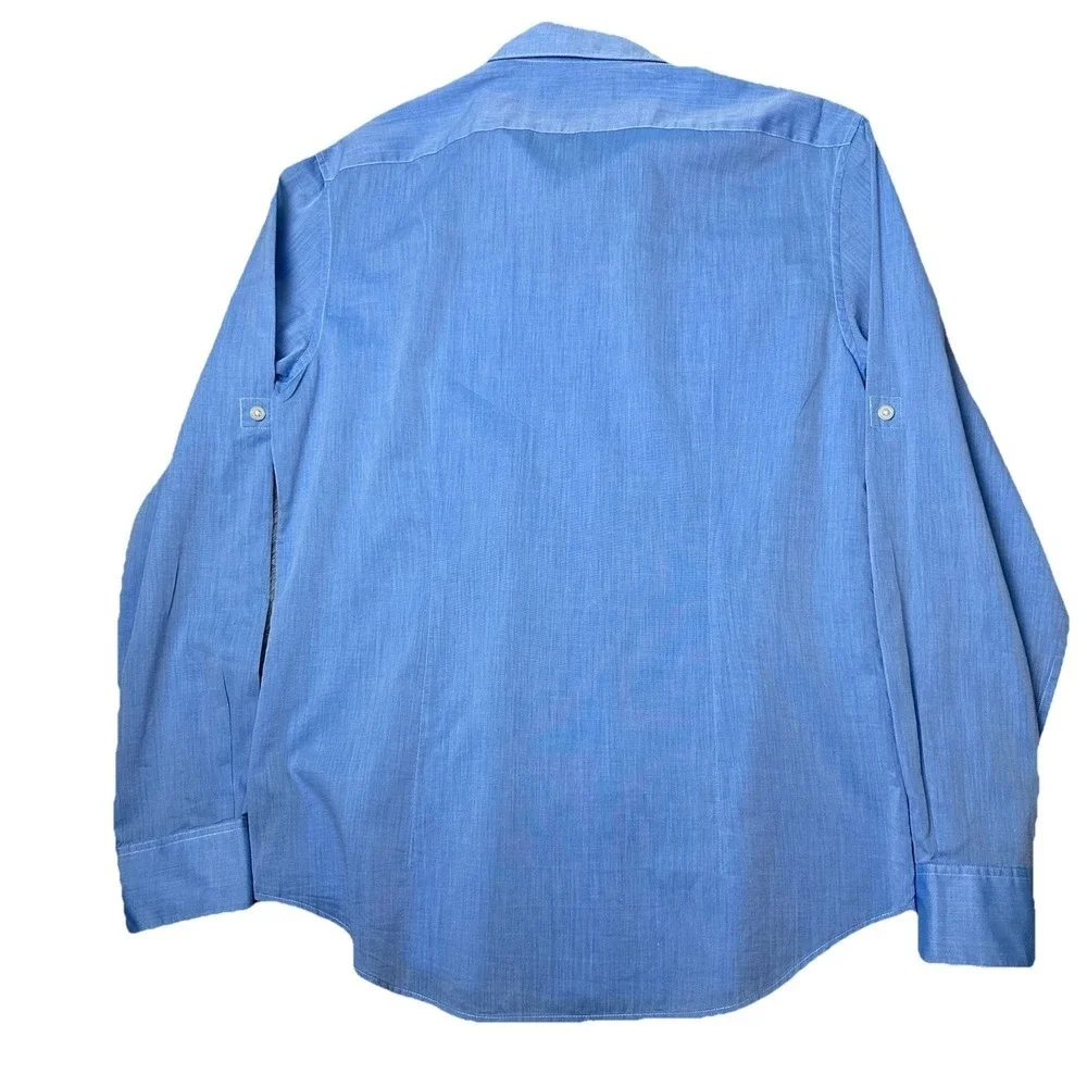 John Varvatos Womens Medium Blue Cotton Minimalist Chic Shirt Roll Tab Sleeves - Picture 2 of 13